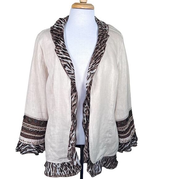 Chico’s Women’s Tan Linen Jacket with Animal Print Trim & Embellished Cuffs L/12 - Picture 1 of 11